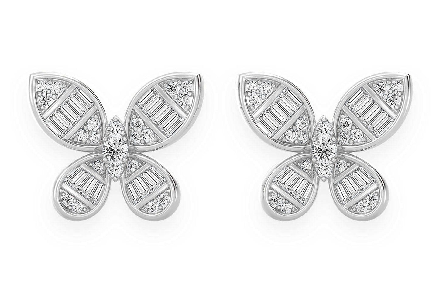 BUTTERFLY BAGUETTE STUD DIAMOND EARRINGS 14K SOLID GOLD 0.65CTW