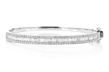BAGUETTE AND ROUND DIAMOND BORDER BANGLE BRACELET 14K SOLID GOLD 2.00CTW