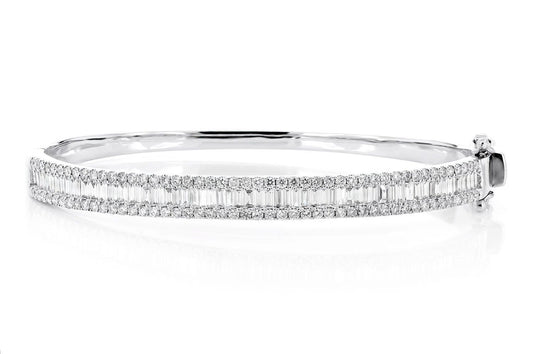 BAGUETTE AND ROUND DIAMOND BORDER BANGLE BRACELET 14K SOLID GOLD 2.00CTW