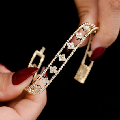 DIAMOND BEADED OPEN CLOVER FLEX BANGLE BRACELET 0.90CTW 14K SOLID GOLD
