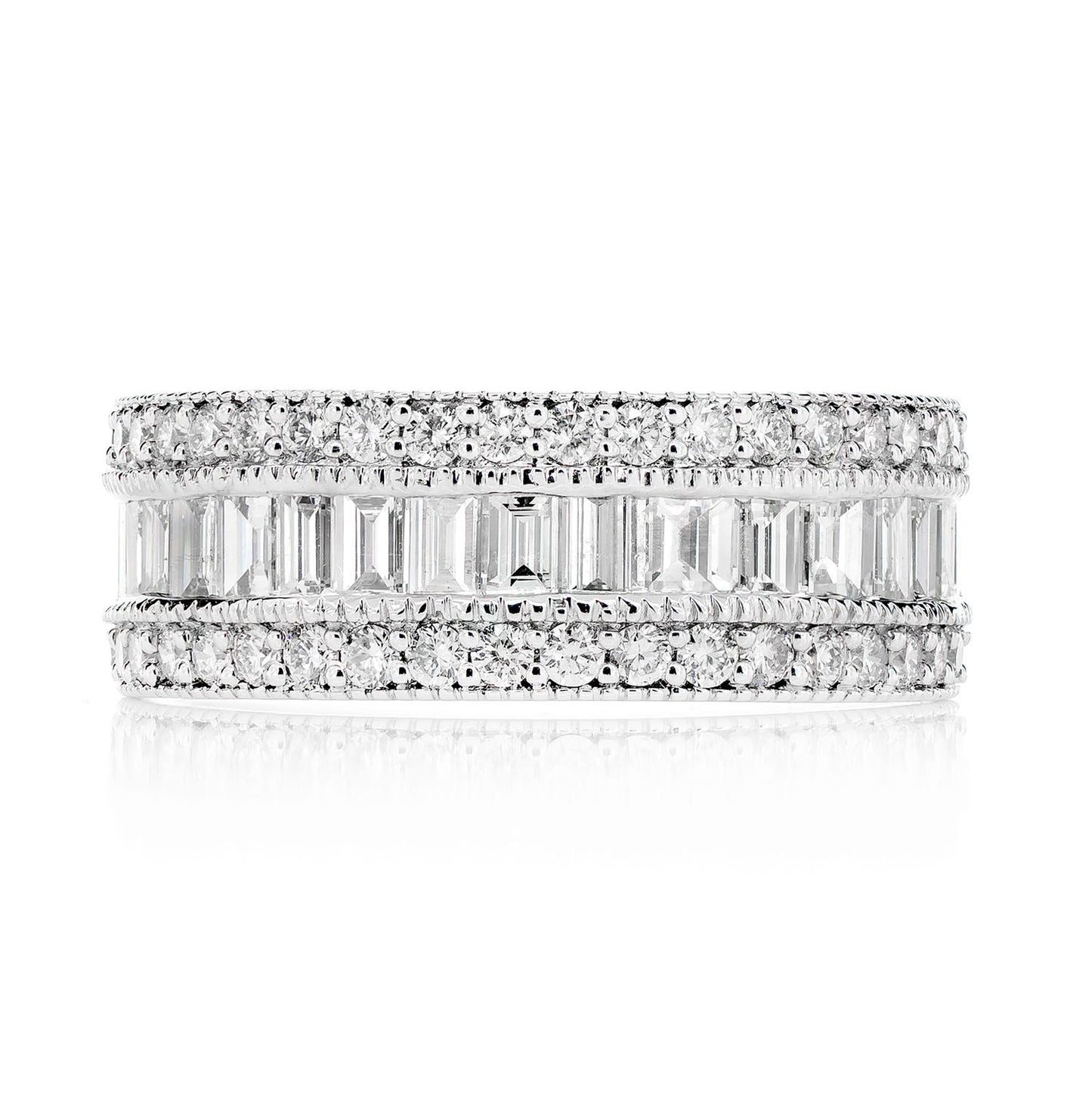 BAGUETTE AND ROUND DIAMOND MILGRAIN BORDER DIAMOND BAND 14K SOLID GOLD 2.00CTW