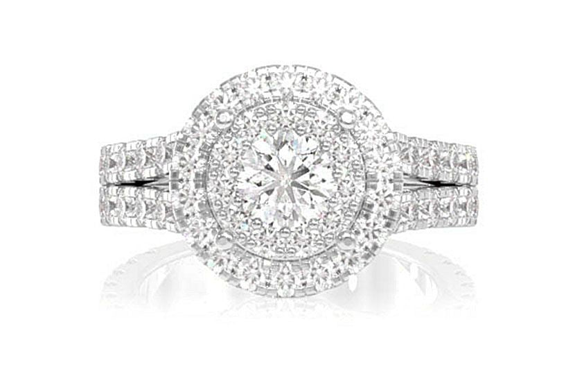 DOUBLE HALO SPLIT SHANK DIAMOND ENGAGEMENT RING 2.50CTW - 14K SOLID GOLD