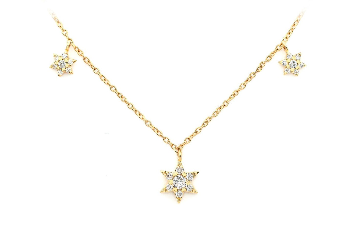 THREE STAR DIAMOND NECKLACE 14K SOLID GOLD 0.21CTW