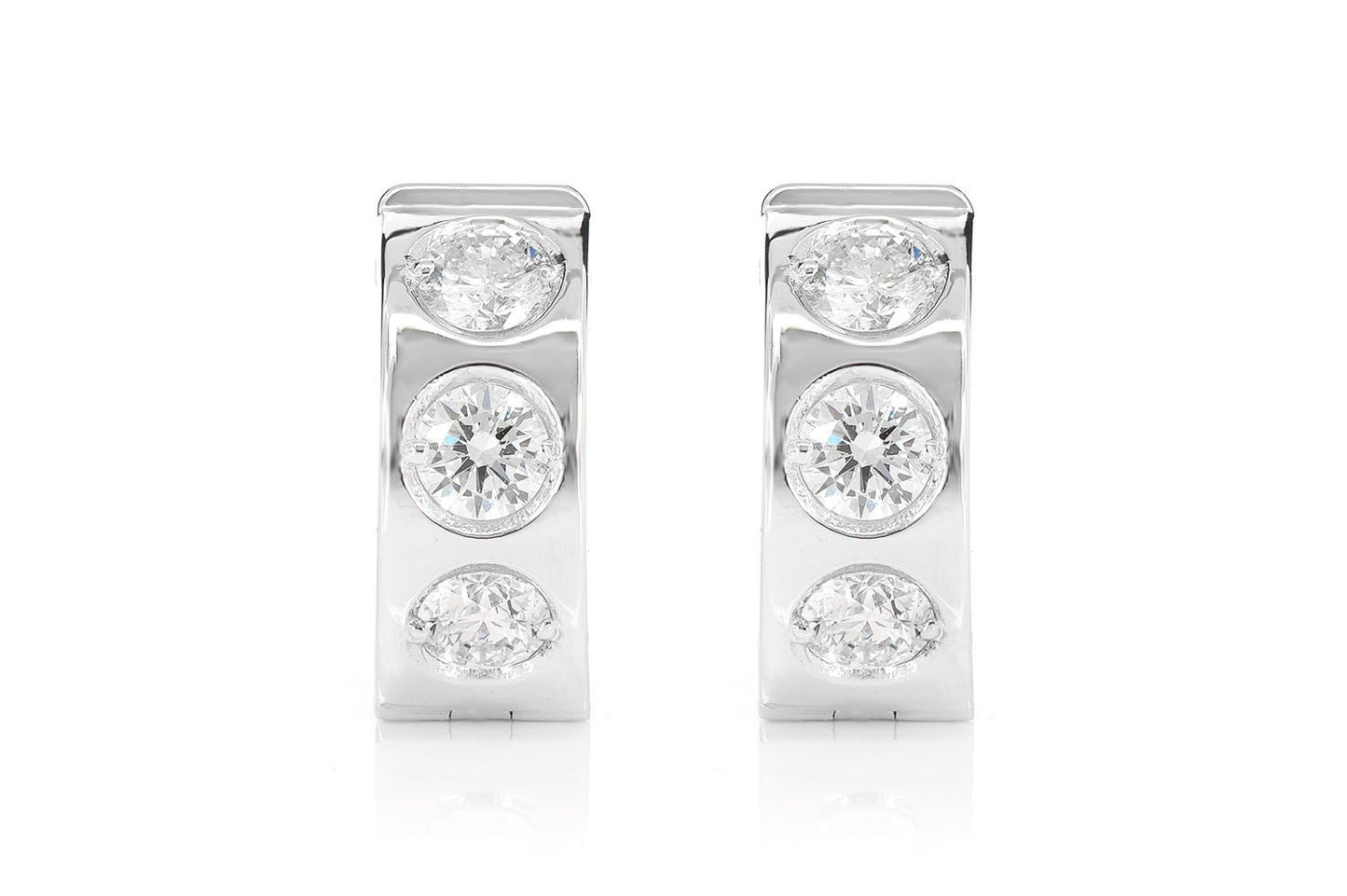 THREE STONE GYPSY SET DIAMOND HUGGIE HOOP EARRINGS 14K SOLID GOLD 0.95CTW