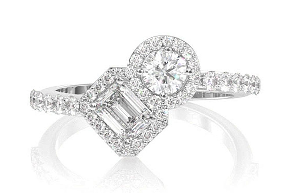 TWO STONE EMERALD & ROUND DIAMOND RING 14K SOLID GOLD 1.00CTW