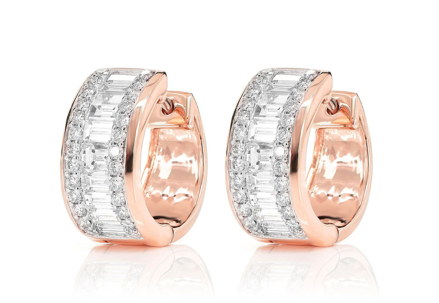 BAGUETTE AND ROUND DIAMOND BORDER HOOP EARRINGS 14K SOLID GOLD 1.80CTW