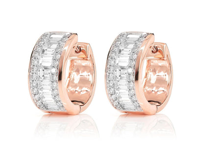 BAGUETTE AND ROUND DIAMOND BORDER HOOP EARRINGS 14K SOLID GOLD 1.80CTW