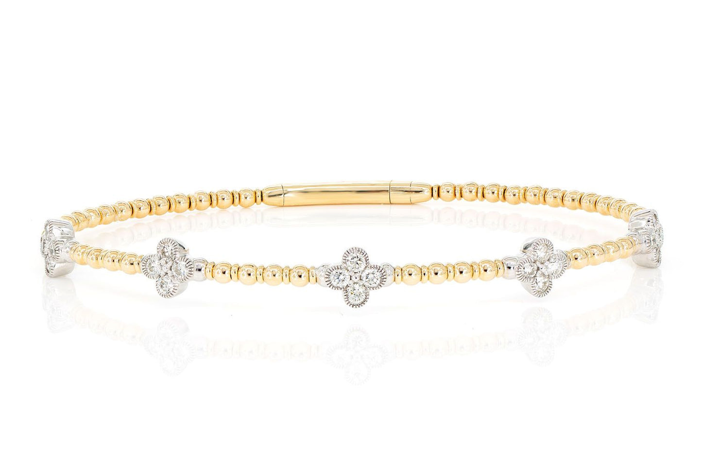 BEADED AND DIAMOND CLOVER MILGRAIN FLEX BANGLE BRACELET 0.60CTW 14K SOLID GOLD