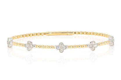 BEADED AND DIAMOND CLOVER MILGRAIN FLEX BANGLE BRACELET 0.60CTW 14K SOLID GOLD