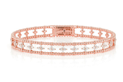 DIAMOND BEADED OPEN FOUR PETAL FLEX BANGLE BRACELET 0.65CTW 14K SOLID GOLD