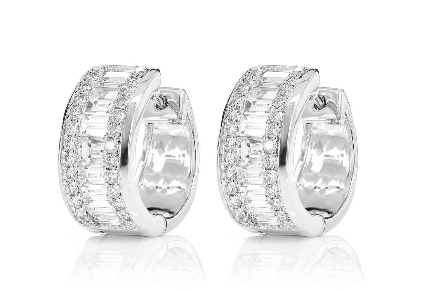 BAGUETTE AND ROUND DIAMOND BORDER HOOP EARRINGS 14K SOLID GOLD 1.80CTW
