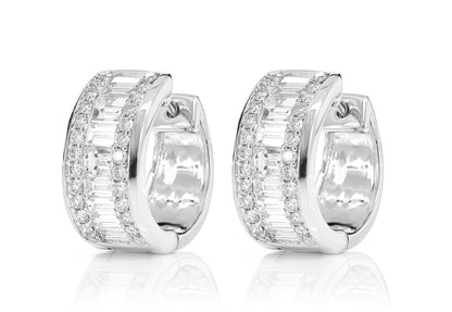 BAGUETTE AND ROUND DIAMOND BORDER HOOP EARRINGS 14K SOLID GOLD 1.80CTW