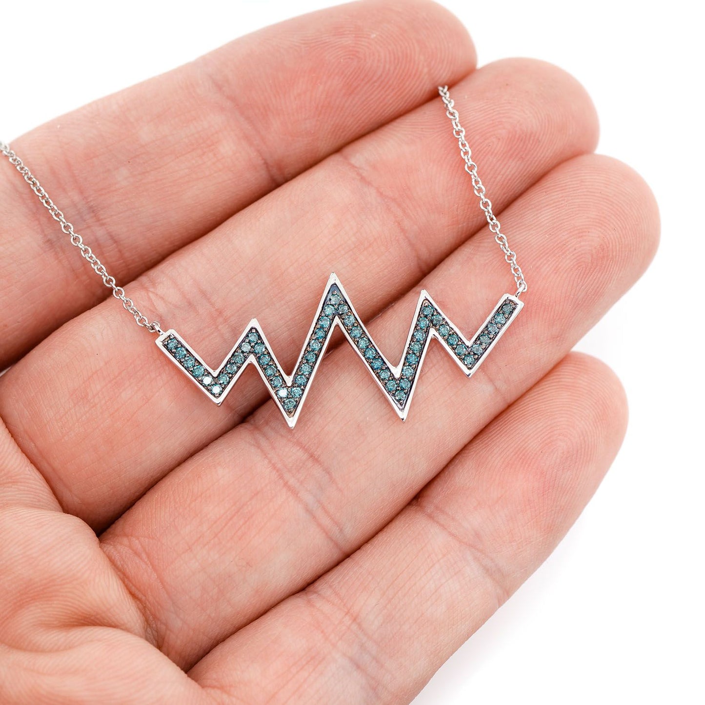 BLUE DIAMOND ZIG ZAG PENDANT ATTACHED NECKLACE 14K SOLID GOLD 0.50CTW