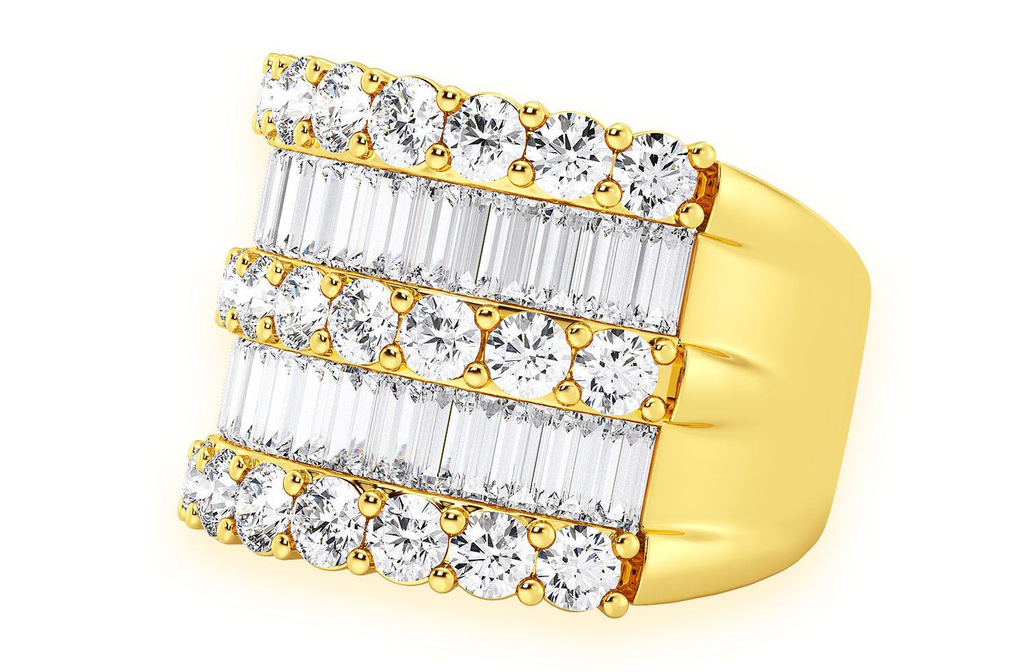 SUPER THREE ROW ROUND & BAGUETTE DIAMOND RING 14K SOLID GOLD 5.25CTW