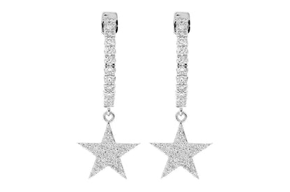 STAR DANGLING HOOP DIAMOND EARRINGS 14K SOLID GOLD 1.25CTW