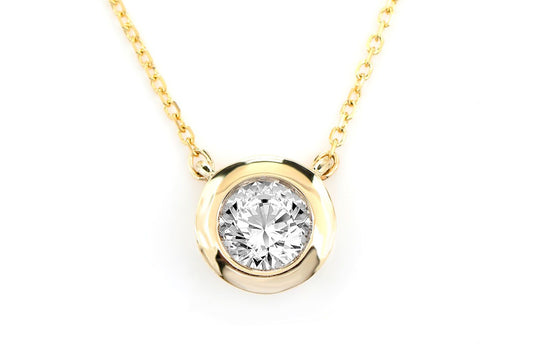 SOLITAIRE ROUND BEZEL PENDANT NECKLACE ATTACHED 14K SOLID GOLD 0.40CT