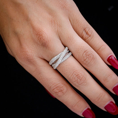 THREE ROW CROSSOVER DIAMOND RING 14K SOLID GOLD 1.15CTW