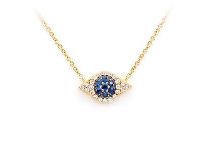 EVIL EYE SAPPHIRE & DIAMOND NECKLACE 14K SOLID GOLD 0.20CTW