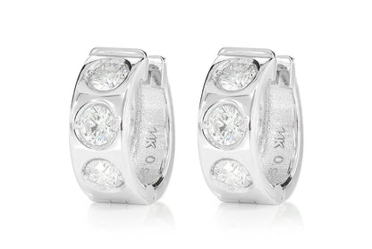 THREE STONE GYPSY SET DIAMOND HUGGIE HOOP EARRINGS 14K SOLID GOLD 0.95CTW