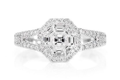 0.95CTW OCTAGON HALO SPLIT SHANK DIAMOND ENGAGEMENT RING 14K SOLID GOLD