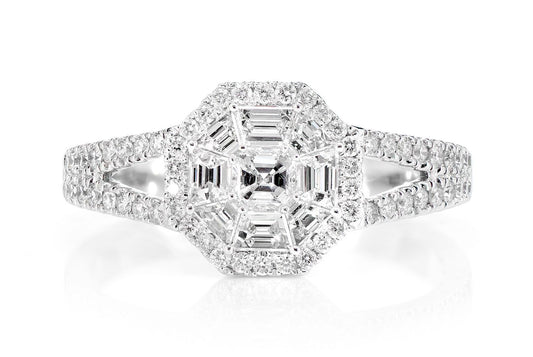 0.95CTW OCTAGON HALO SPLIT SHANK DIAMOND ENGAGEMENT RING 14K SOLID GOLD