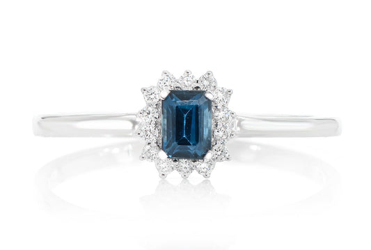 INEL DE LOGODNĂ CU SAFIR 0.30CT FORMĂ DE SMARALD ȘI DIAMANT HALO, AUR MASIVUL DE 14K, 0.40CT