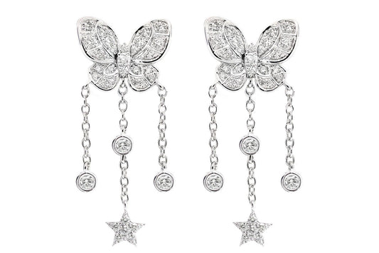 BUTTERFLY STAR DANGLING EARRINGS 14K SOLID GOLD 0.75CTW