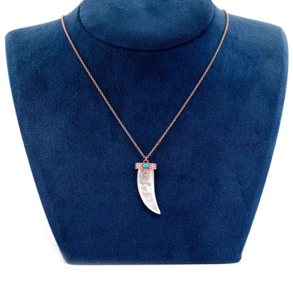 MOTHER OF PEARL HORN DIAMOND TURQUOISE PENDANT & NECKLACE 14K SOLID GOLD