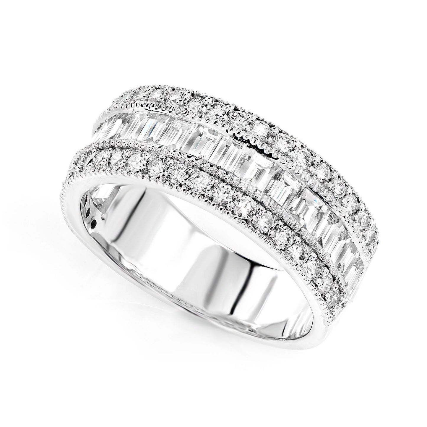 BAGUETTE AND ROUND DIAMOND MILGRAIN BORDER DIAMOND BAND 14K SOLID GOLD 2.00CTW