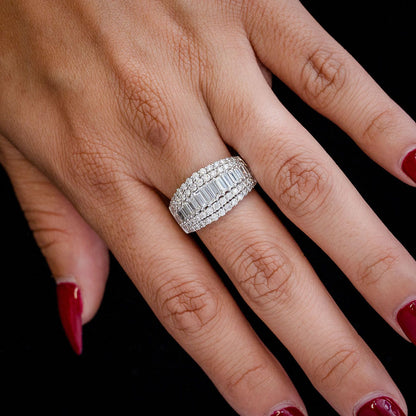 FOUR ROW GRADUATED BAGUETTE AND ROUND DIAMOND RING 14K SOLID GOLD 2.00CTW