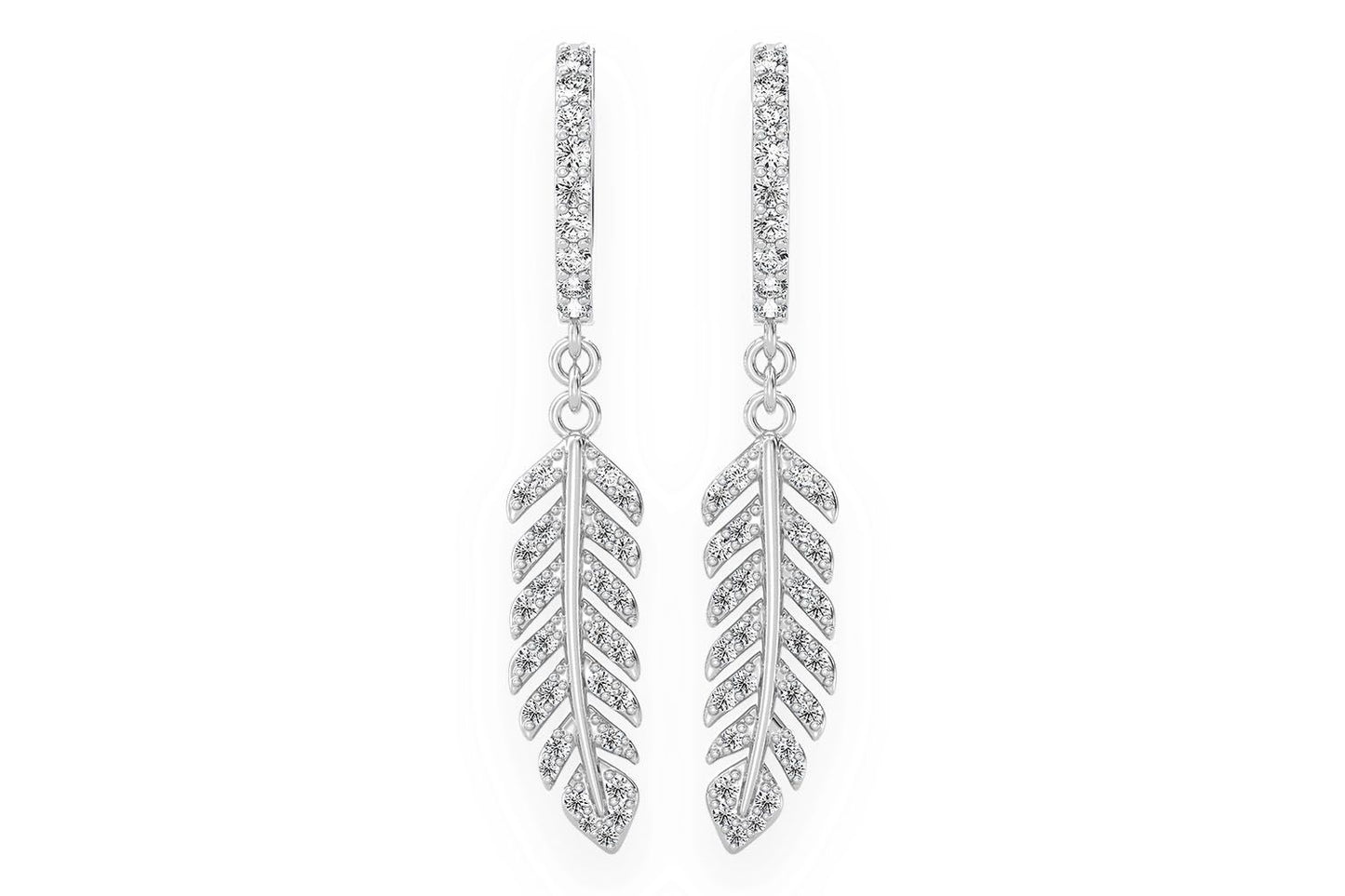 FEATHER DANGLING HOOP EARRINGS 14K SOLID GOLD 0.33CTW