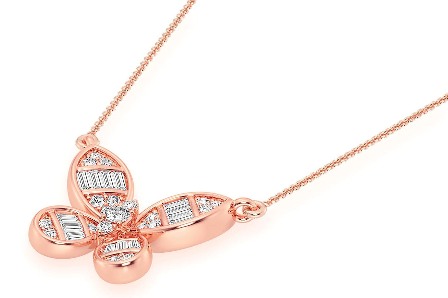 BUTTERFLY BAGUETTE DIAMOND NECKLACE CONNECTED 14K SOLID GOLD 0.33CTW