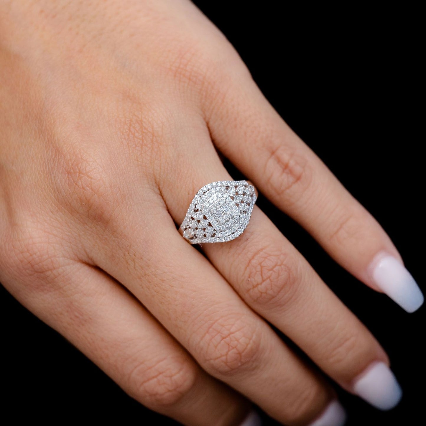 VINTAGE INSPIRED BAGUETTE SQUARE HALO - DIAMOND ENGAGEMENT RING - 0.75CTW