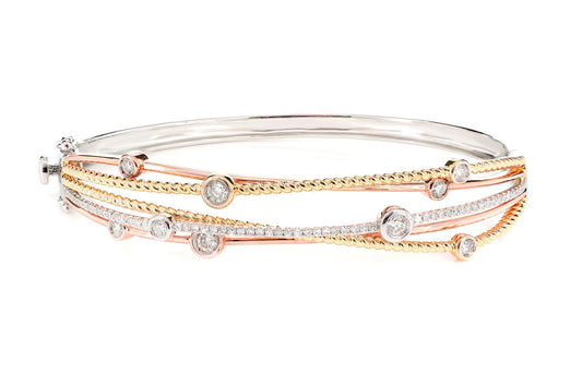 TRI TONE FIVE ROW SCATTERED BEZEL DIAMOND TWIST BANGLE BRACELET 14K SOLID GOLD 0.80CTW
