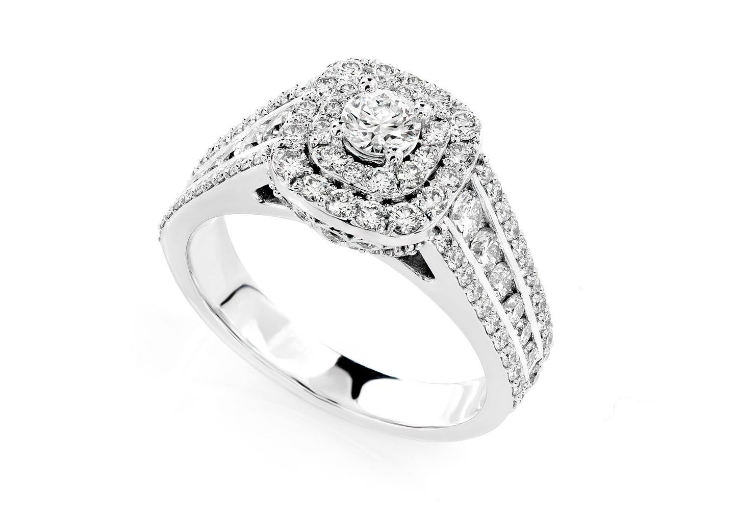 INEL DE LOGODNĂ CU DIAMANTE, CU HALO DUBLU ȘI TRIPLU BEZEL, AUR MASIV DE 14K - 1.50CTW