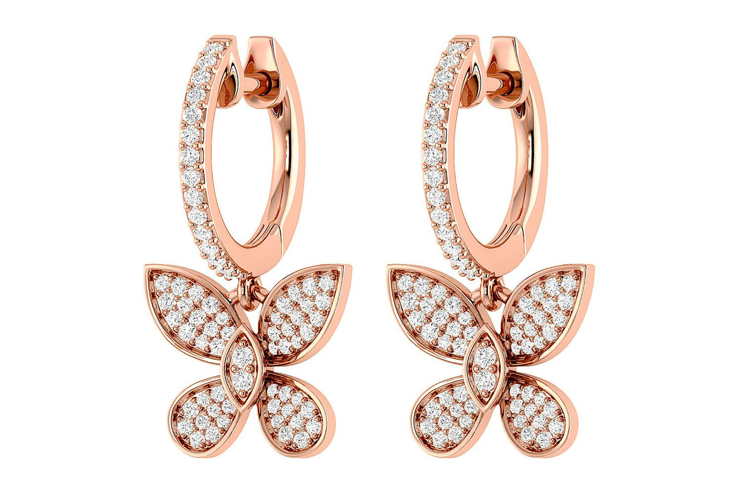 BUTTERFLY DANGLING DIAMOND HOOP EARRINGS 14K SOLID GOLD 0.45CTW