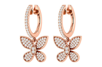 BUTTERFLY DANGLING DIAMOND HOOP EARRINGS 14K SOLID GOLD 0.45CTW