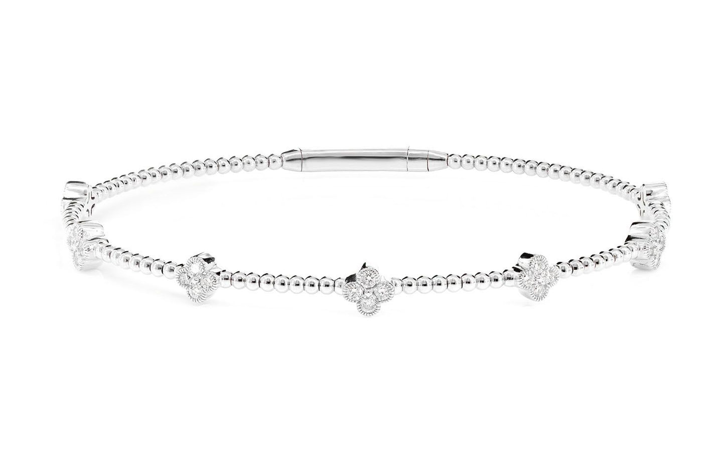 BEADED MILGRAIN DIAMOND CLOVER FLEX BANGLE BRACELET 14K SOLID GOLD 0.45CTW