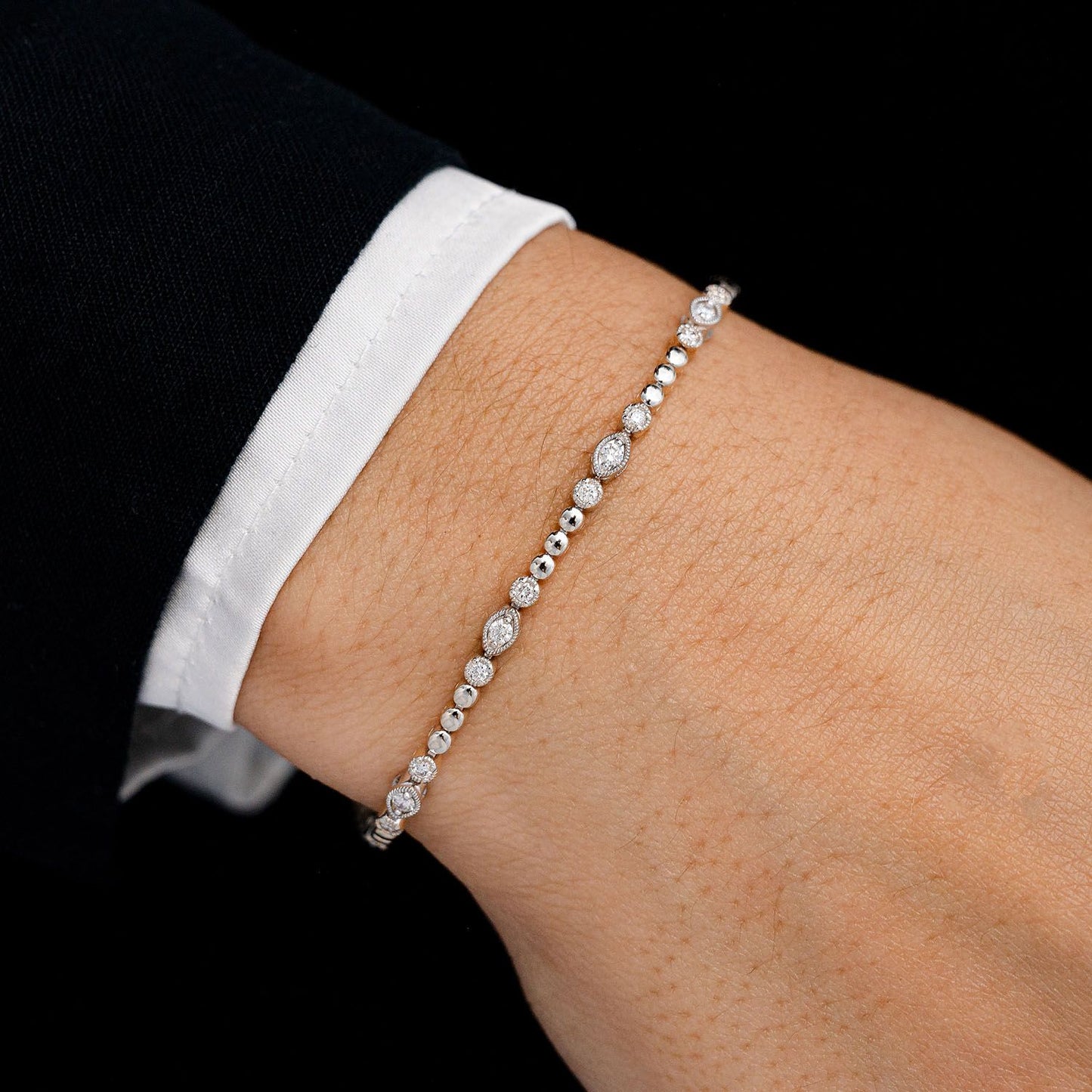 BEADED AND DIAMOND DECO MILGRAIN BRACELET 0.60CTW 14K SOLID GOLD