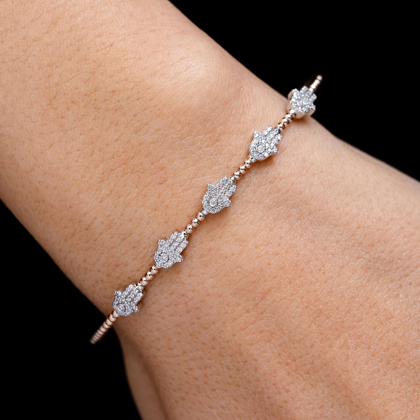 BEADED DIAMOND HAMSA FLEX BANGLE BRACELET 14K SOLID GOLD 0.30CTW
