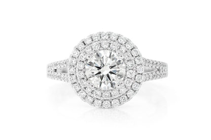 1.00CT ROUND SOLITAIRE - SPLIT SHANK DOUBLE HALO - DIAMOND ENGAGEMENT RING