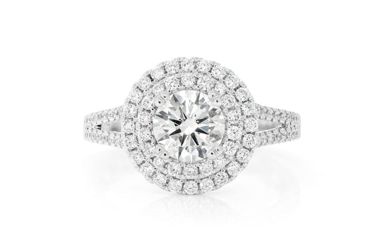 1.00CT ROUND SOLITAIRE - SPLIT SHANK DOUBLE HALO - DIAMOND ENGAGEMENT RING