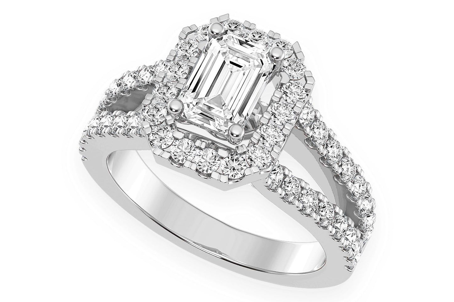 SPHINX - 0.75CT EMERALD CUT SOLITAIRE - HALO SPLIT SHANK - DIAMOND ENGAGEMENT RING