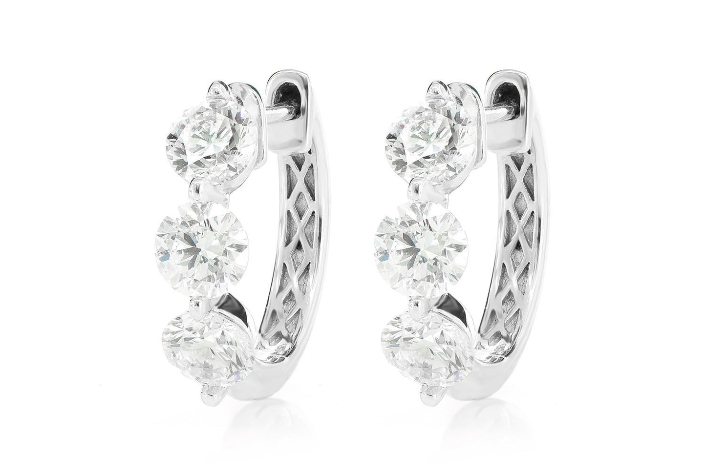 THREE STONE DIAMOND HOOP EARRINGS 14K SOLID GOLD 1.75CTW