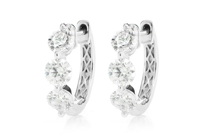 THREE STONE DIAMOND HOOP EARRINGS 14K SOLID GOLD 1.75CTW