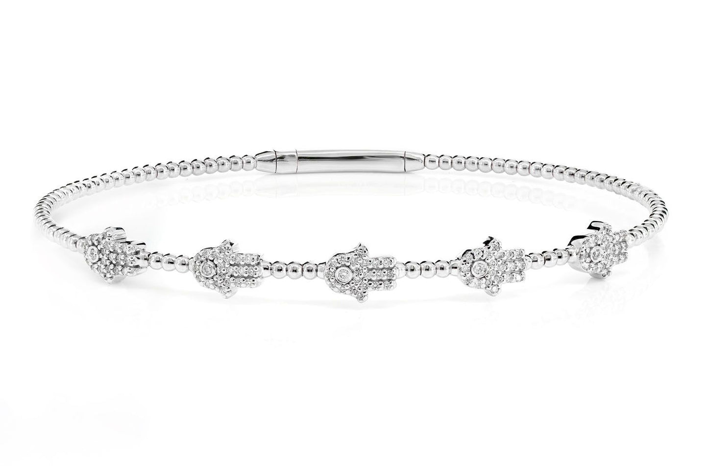 BEADED DIAMOND HAMSA FLEX BANGLE BRACELET 14K SOLID GOLD 0.30CTW