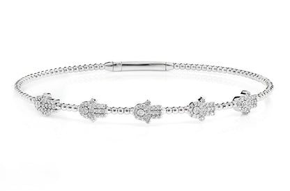 BEADED DIAMOND HAMSA FLEX BANGLE BRACELET 14K SOLID GOLD 0.30CTW