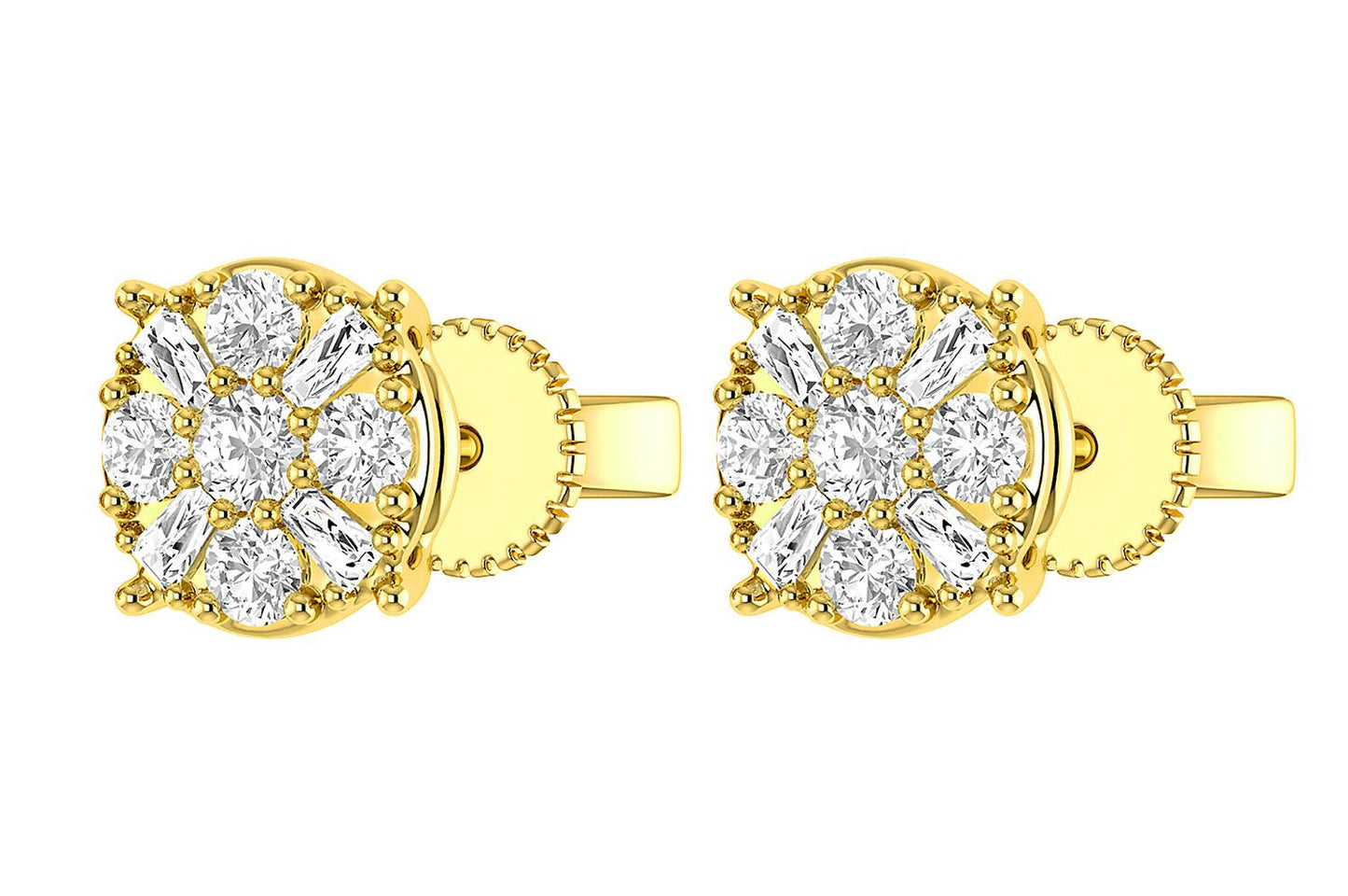 BAGUETTE ROUND CLUSTER STUD EARRINGS 14K