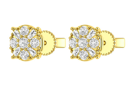 BAGUETTE ROUND CLUSTER STUD EARRINGS 14K