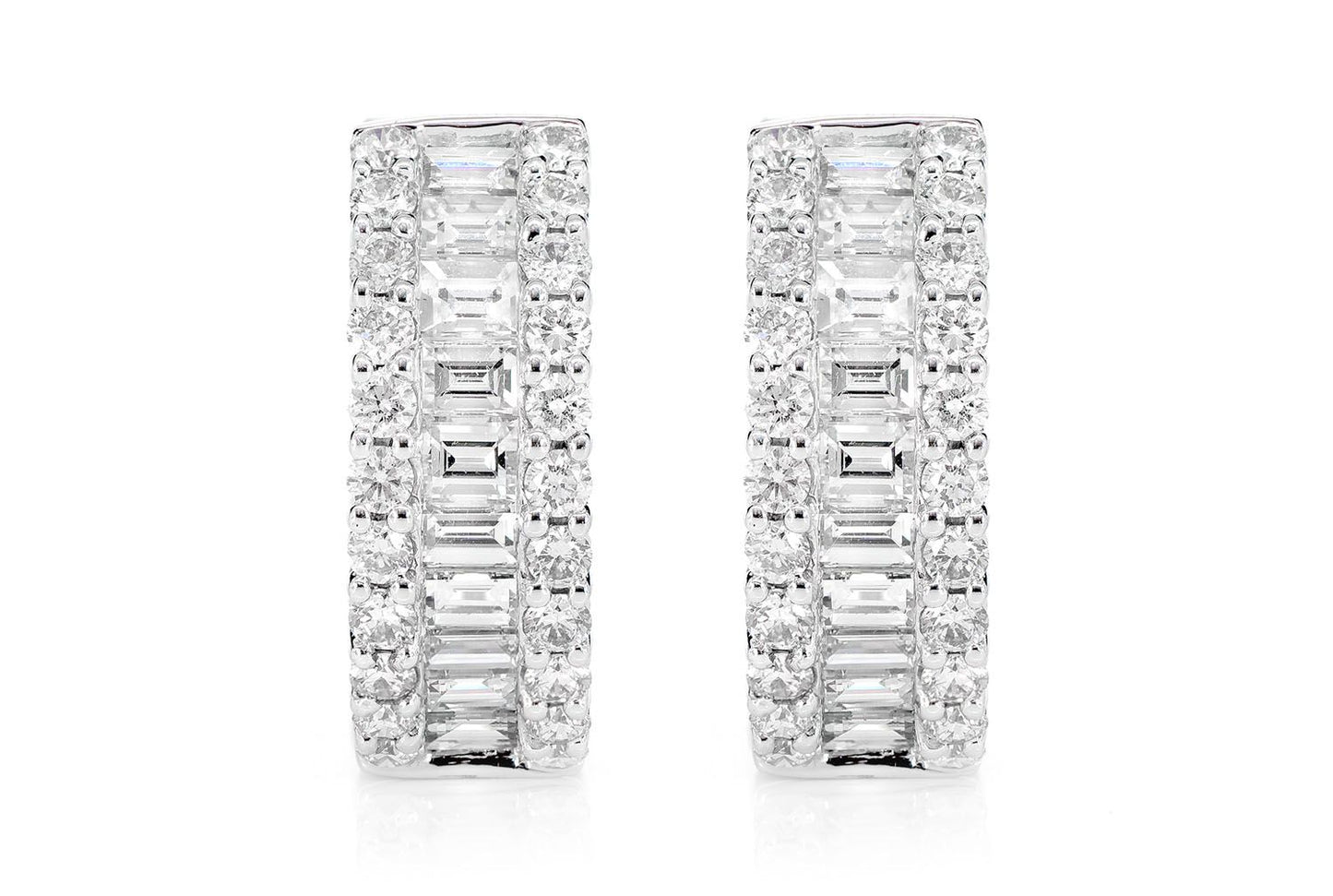 BAGUETTE AND ROUND BORDER DIAMOND HOOP EARRINGS 14K SOLID GOLD